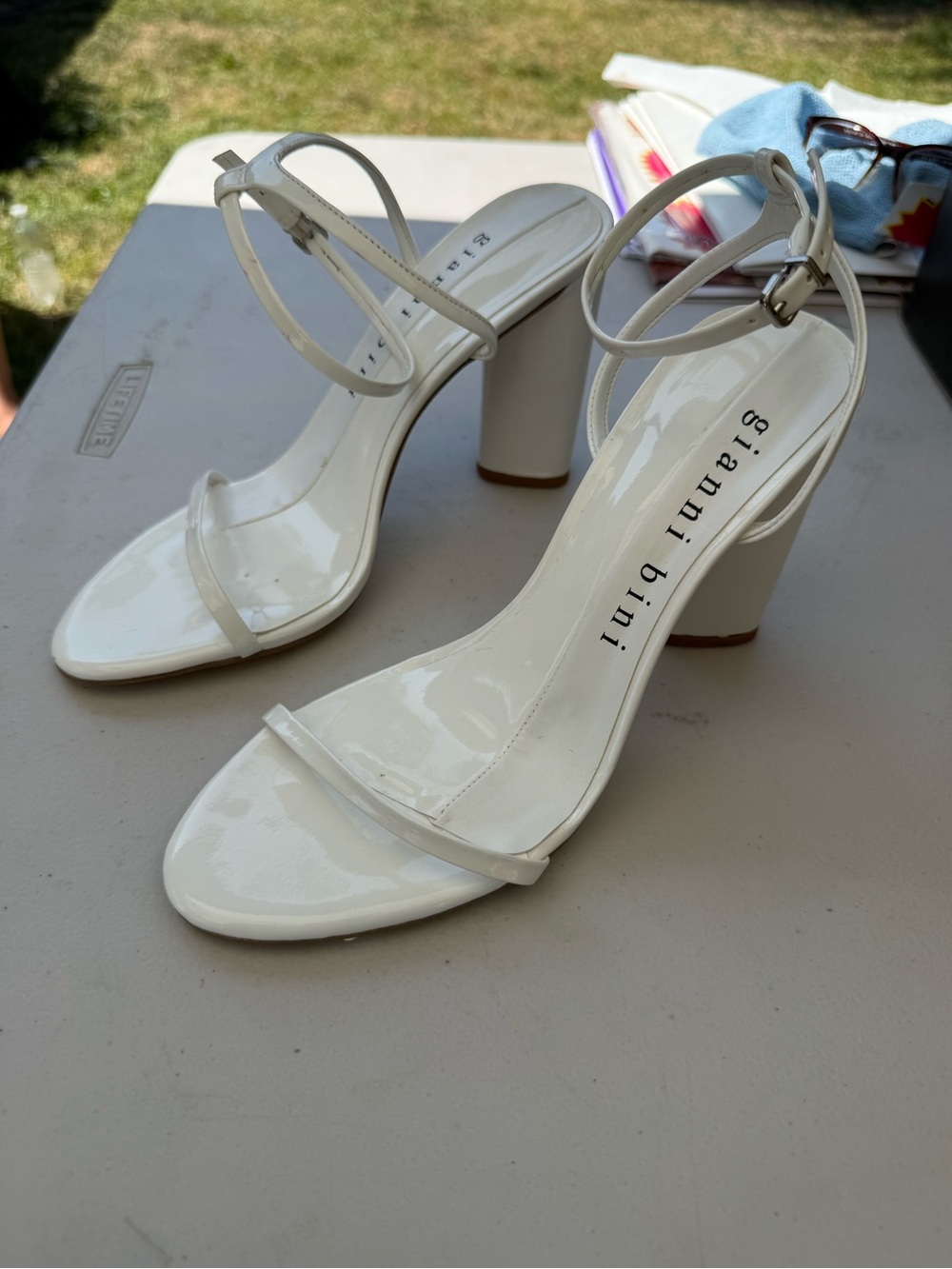Gianni Bini White Patent Strappy Block Heel Sandals